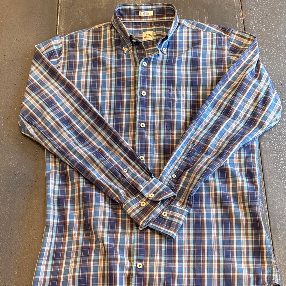 Peter Millar Men's Blue and White Plaid Button Down Shirt